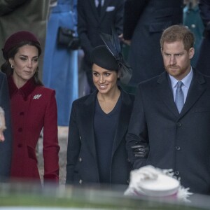 Le prince William, Kate Middleton, duchesse de Cambridge, Meghan Markle, duchesse de Sussex, enceinte, et le prince Harry à la messe de Noël à l'église Sainte-Marie-Madeleine à Sandringham, le 25 décembre 2018.