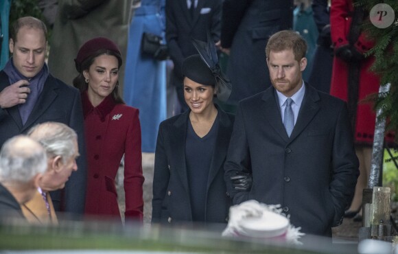 Le prince William, Kate Middleton, duchesse de Cambridge, Meghan Markle, duchesse de Sussex, enceinte, et le prince Harry à la messe de Noël à l'église Sainte-Marie-Madeleine à Sandringham, le 25 décembre 2018.