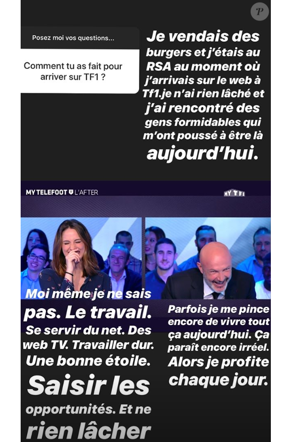 Charlotte Namura raconte en story sur Instagram, le 6 janvier 2019, son parcours avant de devenir journaliste sportive dans "Téléfoot" sur TF1.