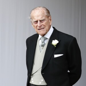 La reine Elisabeth II  et le prince Philip, duc d'Edimbourg après la cérémonie de mariage de la princesse Eugenie d'York et Jack Brooksbank en la chapelle Saint-George au château de Windsor le 12 octobre 2018.