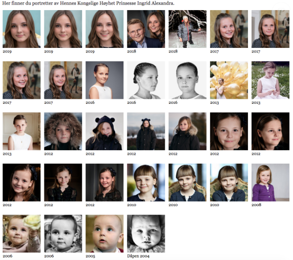Tous les portraits officiels de la princesse Ingrid Alexandra de Norvège au fil des ans, sur le site officiel de la cour de Norvège, au moment de son 15e anniversaire le 21 janvier 2019. © Cour royale de Norvège