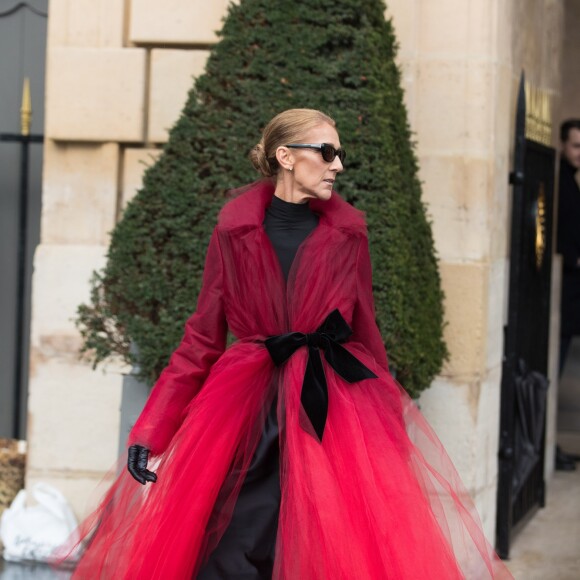 Céline Dion et son ami Pepe Munoz à la sortie de l'hotel Crillon, à Paris, se rendent au théâtre Mogador le 27 Janvier 2019