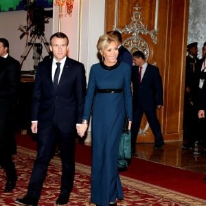 Le président de la République française Emmanuel Macron, sa femme la Première dame Brigitte Macron, son homologue égyptien Abdel Fattah al-Sissi et sa femme la Première Dame Entissar Amer - Dîner en l'honneur du président de la République française et sa femme la Première Dame, offert par son homologue égyptien et sa femme la Première Dame à l'hôtel Al Masah au Caire, Egypte, le 28 janvier 2019. Le couple présidentiel français est en visite officielle de trois jours en Egypte. © Dominique Jacovides/Bestimage