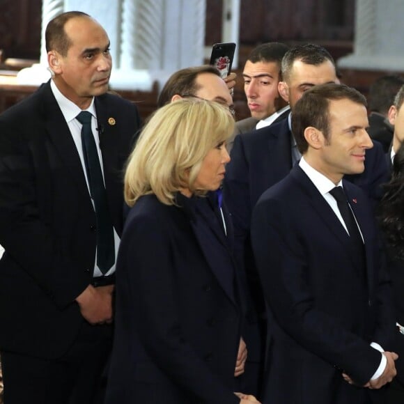 Le président de la République française Emmanuel Macron, sa femme la Première Dame Brigitte Macron et le pape copte orthodoxe Tawadros II (Théodore II) - Le président de la République française et sa femme la Première Dame et le pape copte orthodoxe au siège de la papauté copte à la cathédrale Saint-Marcdu Caire à Abbassia, Egypte, le 29 janvier 2019. Le couple présidentiel français est en visite officielle de trois jours en Egypte. © Dominique Jacovides/Bestimage