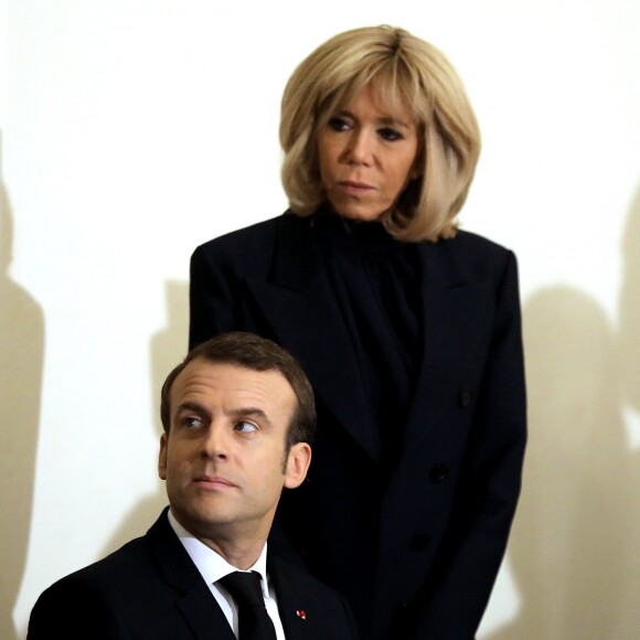 Le président de la République Emmanuel Macron et Brigitte Macron avec le pape copte orthodoxe Théodore II au siège de la papauté copte à la cathédrale Saint-Marcdu Caire à Abbassia, le 29 janvier 2019. © Dominique Jacovides/Bestimage