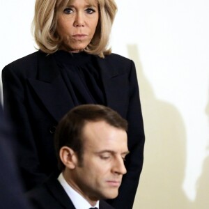 Le président de la République Emmanuel Macron et Brigitte Macron avec le pape copte orthodoxe Théodore II au siège de la papauté copte à la cathédrale Saint-Marcdu Caire à Abbassia, le 29 janvier 2019. © Dominique Jacovides/Bestimage