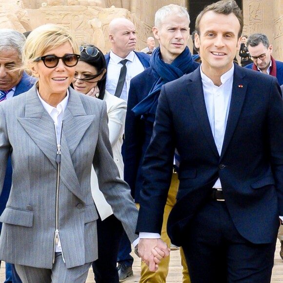 Le président de la République française Emmanuel Macron, sa femme la Première Dame Brigitte Macron, le ministre de la Culture Franck Riester et le ministre de l'Europe et des Affaires Etrangères Jean-Yves Le Drian - Le couple présidentiel français entame sa visite officielle de trois jours en Egypte, au temple d'Abou Simbel, l'un des sites archéologiques emblématiques du pays, le dimanche 27 janvier 2019. © Eliot Blondet/Pool/Bestimage