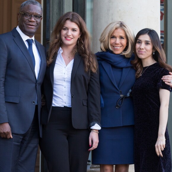 Denis Mukwege, Marlène Schiappa, Secrétaire d'Etat chargée de l'Egalité entre les femmes et les hommes et de la Lutte contre les discriminations, Brigitte Macron, Nadia Murad - Les participants à la réunion du conseil consultatif pour l'égalité entre les femmes et les hommes sont accueillis par Brigitte Macron au palais de l'Elysée à Paris le 19 février 2019. © Stéphane Lemouton / Bestimage