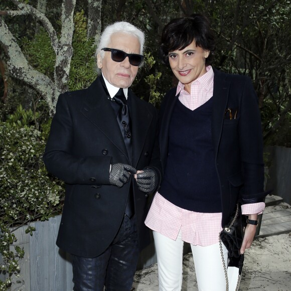 Karl Lagerfeld et Ines de la Fressange au défilé de mode Chanel Haute Couture printemps-été 2013 au Grand Palais à Paris. Le 22 janvier 2013.