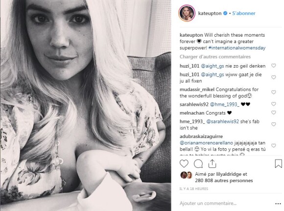 Kate Upton se montre en train d'allaiter sa fille Genevieve à l'occasion de la journée internationale des droits des femmes. Instagram, le 8 mars 2019.
