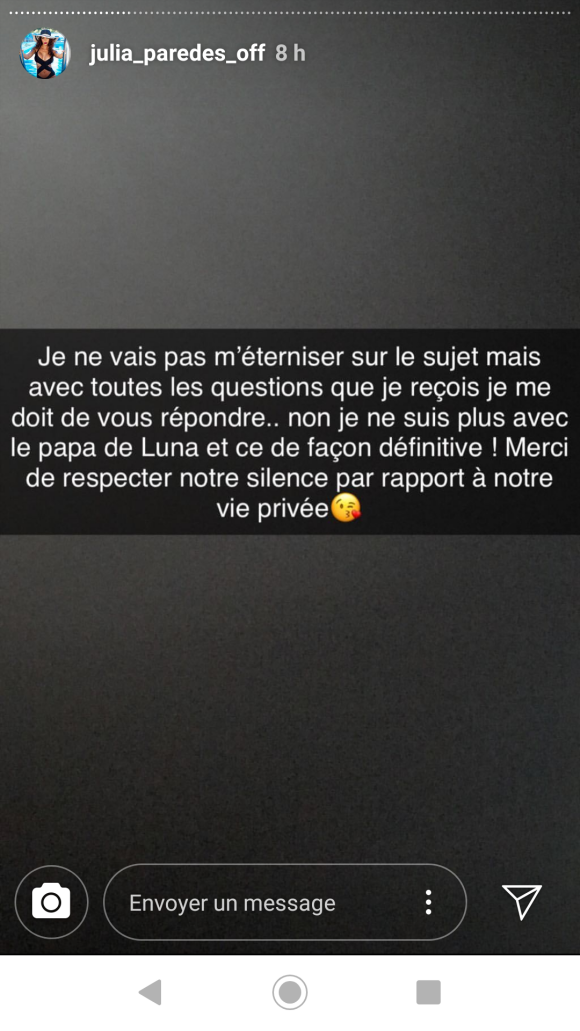 Julia Paredes annonce sa rupture avec Maxime - vendredi 29 mars 2019, sur Instagram