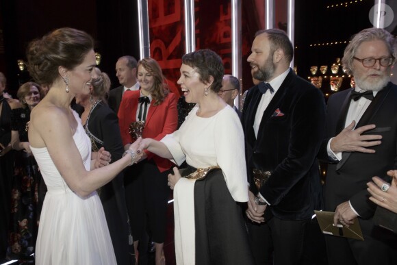 Catherine (Kate) Middleton, duchesse de Cambridge, Olivia Colman, Yorgas Lanthimos et Tony McNamara à la 72ème cérémonie annuelle des BAFTA Awards au Royal Albert Hall à Londres, Royaume Uni, le 10 février 2019.