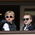 Le prince Jacques de Monaco et la princesse Gabriella de Monaco lors de la 9ème édition du Tournoi Sainte Dévote de Rugby au Stade Louis II à Monaco, le 11 mai 2019.  © Jean-Charles Vinaj/Pool/Bestimage