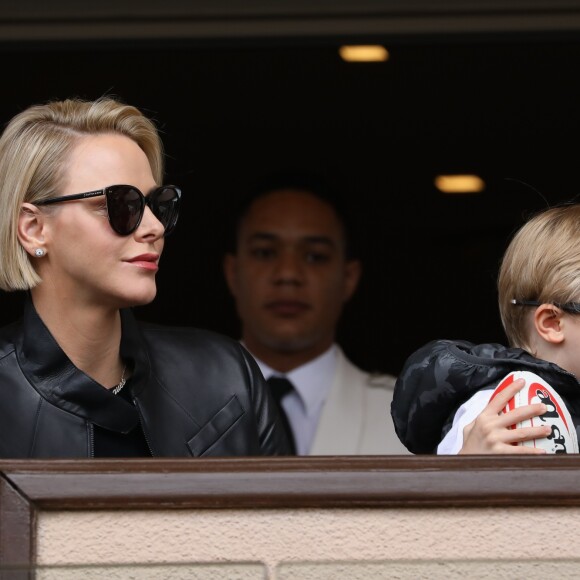 La princesse Charlène de Monaco et son fils le prince Jacques de Monaco lors de la 9ème édition du Tournoi Sainte Dévote de Rugby au Stade Louis II à Monaco, le 11 mai 2019. © Jean-Charles Vinaj/Pool/Bestimage