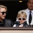 La princesse Charlène de Monaco et son fils le prince Jacques de Monaco lors de la 9ème édition du Tournoi Sainte Dévote de Rugby au Stade Louis II à Monaco, le 11 mai 2019. © Jean-Charles Vinaj/Pool/Bestimage