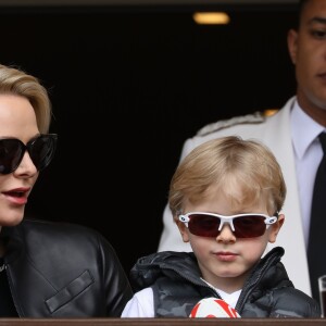 La princesse Charlène de Monaco et son fils le prince Jacques de Monaco lors de la 9ème édition du Tournoi Sainte Dévote de Rugby au Stade Louis II à Monaco, le 11 mai 2019. © Jean-Charles Vinaj/Pool/Bestimage