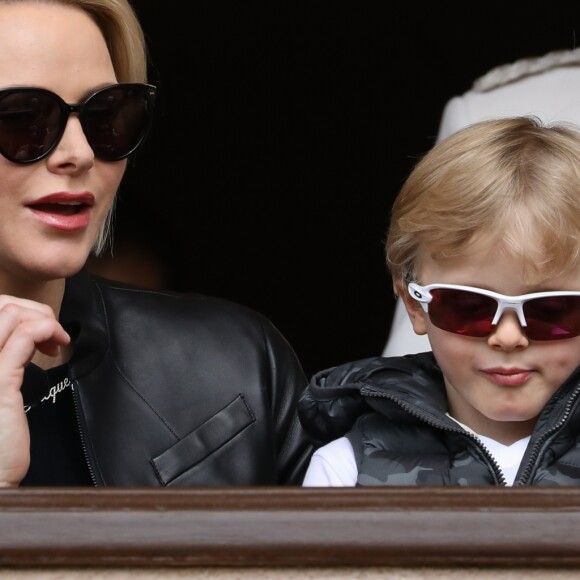 La princesse Charlène de Monaco et son fils le prince Jacques de Monaco lors de la 9ème édition du Tournoi Sainte Dévote de Rugby au Stade Louis II à Monaco, le 11 mai 2019.  © Jean-Charles Vinaj/Pool/Bestimage