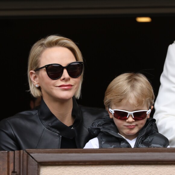 La princesse Charlène de Monaco et son fils le prince Jacques de Monaco lors de la 9ème édition du Tournoi Sainte Dévote de Rugby au Stade Louis II à Monaco, le 11 mai 2019. © Jean-Charles Vinaj/Pool/Bestimage