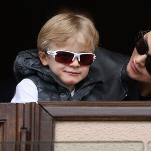 La princesse Charlène de Monaco et son fils le prince Jacques de Monaco lors de la 9ème édition du Tournoi Sainte Dévote de Rugby au Stade Louis II à Monaco, le 11 mai 2019. © Jean-Charles Vinaj/Pool/Bestimage