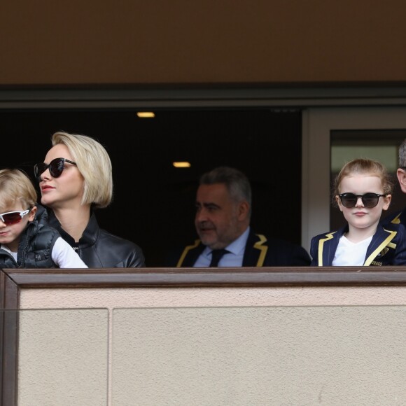 Le prince Albert II et la princesse Charlène de Monaco avec leurs enfants le prince Jacques de Monaco et la princesse Gabriella de Monaco lors de la 9ème édition du Tournoi Sainte Dévote de Rugby au Stade Louis II à Monaco, le 11 mai 2019. © Jean-Charles Vinaj/Pool/Bestimage