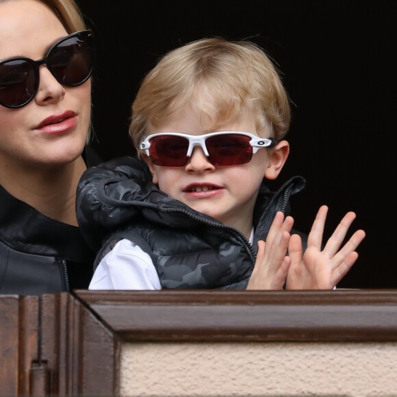 La princesse Charlène de Monaco et son fils le prince Jacques de Monaco lors de la 9ème édition du Tournoi Sainte Dévote de Rugby au Stade Louis II à Monaco, le 11 mai 2019. © Jean-Charles Vinaj/Pool/Bestimage