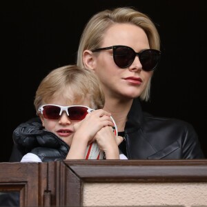 La princesse Charlène de Monaco et son fils le prince Jacques de Monaco lors de la 9ème édition du Tournoi Sainte Dévote de Rugby au Stade Louis II à Monaco, le 11 mai 2019. © Jean-Charles Vinaj/Pool/Bestimage