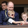 Le prince Albert II de Monaco avec ses enfants le prince Jacques de Monaco et la princesse Gabriella de Monaco lors de la 9ème édition du Tournoi Sainte Dévote de Rugby au Stade Louis II à Monaco, le 11 mai 2019. © Jean-Charles Vinaj/Pool/Bestimage