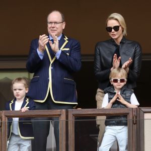 Le prince Albert II et la princesse Charlène de Monaco avec leurs enfants le prince Jacques de Monaco et la princesse Gabriella de Monaco lors de la 9ème édition du Tournoi Sainte Dévote de Rugby au Stade Louis II à Monaco, le 11 mai 2019. © Jean-Charles Vinaj/Pool/Bestimage