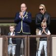 Le prince Albert II et la princesse Charlène de Monaco avec leurs enfants le prince Jacques de Monaco et la princesse Gabriella de Monaco lors de la 9ème édition du Tournoi Sainte Dévote de Rugby au Stade Louis II à Monaco, le 11 mai 2019. © Jean-Charles Vinaj/Pool/Bestimage