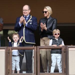 Le prince Albert II et la princesse Charlène de Monaco avec leurs enfants le prince Jacques de Monaco et la princesse Gabriella de Monaco lors de la 9ème édition du Tournoi Sainte Dévote de Rugby au Stade Louis II à Monaco, le 11 mai 2019.  © Jean-Charles Vinaj/Pool/Bestimage