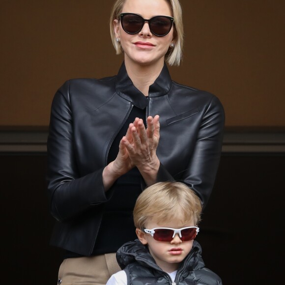 La princesse Charlène de Monaco et son fils le prince Jacques de Monaco lors de la 9ème édition du Tournoi Sainte Dévote de Rugby au Stade Louis II à Monaco, le 11 mai 2019. © Jean-Charles Vinaj/Pool/Bestimage