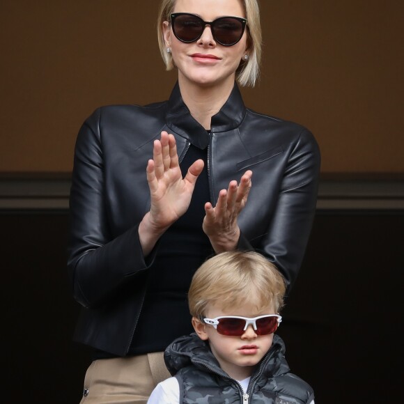 La princesse Charlène de Monaco et son fils le prince Jacques de Monaco lors de la 9ème édition du Tournoi Sainte Dévote de Rugby au Stade Louis II à Monaco, le 11 mai 2019. © Jean-Charles Vinaj/Pool/Bestimage