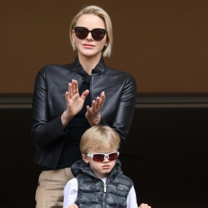 La princesse Charlène de Monaco et son fils le prince Jacques de Monaco lors de la 9ème édition du Tournoi Sainte Dévote de Rugby au Stade Louis II à Monaco, le 11 mai 2019. © Jean-Charles Vinaj/Pool/Bestimage