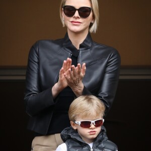 La princesse Charlène de Monaco et son fils le prince Jacques de Monaco lors de la 9ème édition du Tournoi Sainte Dévote de Rugby au Stade Louis II à Monaco, le 11 mai 2019. © Jean-Charles Vinaj/Pool/Bestimage