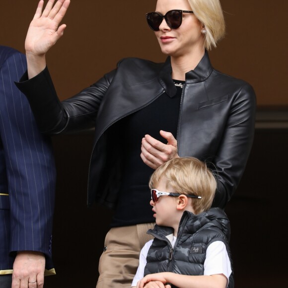 La princesse Charlene de Monaco et son fils le prince Jacques de Monaco lors de la 9ème édition du Tournoi Sainte Dévote de Rugby au Stade Louis II à Monaco, le 11 mai 2019.  © Jean-Charles Vinaj/Pool/Bestimage