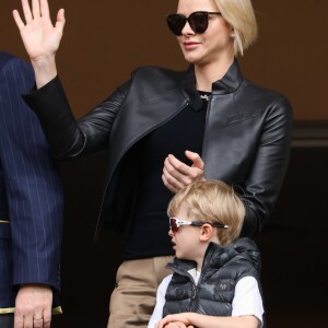 La princesse Charlène de Monaco et son fils le prince Jacques de Monaco lors de la 9ème édition du Tournoi Sainte Dévote de Rugby au Stade Louis II à Monaco, le 11 mai 2019.  © Jean-Charles Vinaj/Pool/Bestimage