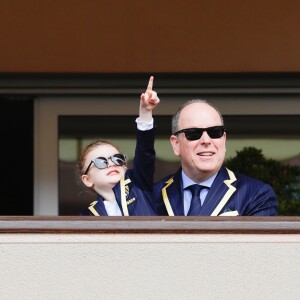 Le prince Albert II et la princesse Charlène de Monaco avec leurs enfants le prince Jacques de Monaco et la princesse Gabriella de Monaco lors de la 9ème édition du Tournoi Sainte Dévote de Rugby au Stade Louis II à Monaco, le 11 mai 2019. © Claudia Albuquerque/Bestimage