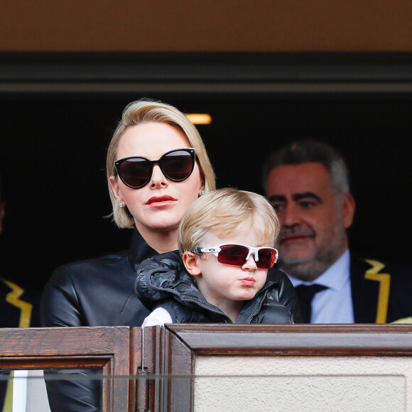 La princesse Charlène de Monaco et son fils le prince Jacques de Monaco lors de la 9ème édition du Tournoi Sainte Dévote de Rugby au Stade Louis II à Monaco, le 11 mai 2019. © Claudia Albuquerque/Bestimage