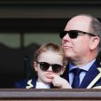 Le prince Albert II de Monaco et sa fille la princesse Gabriella de Monaco lors de la 9ème édition du Tournoi Sainte Dévote de Rugby au Stade Louis II à Monaco, le 11 mai 2019. © Claudia Albuquerque/Bestimage