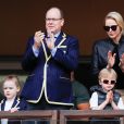 Le prince Albert II et la princesse Charlène de Monaco avec leurs enfants le prince Jacques de Monaco et la princesse Gabriella de Monaco lors de la 9ème édition du Tournoi Sainte Dévote de Rugby au Stade Louis II à Monaco, le 11 mai 2019. © Claudia Albuquerque/Bestimage