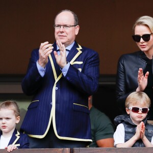 Le prince Albert II et la princesse Charlène de Monaco avec leurs enfants le prince Jacques de Monaco et la princesse Gabriella de Monaco lors de la 9ème édition du Tournoi Sainte Dévote de Rugby au Stade Louis II à Monaco, le 11 mai 2019. © Claudia Albuquerque/Bestimage