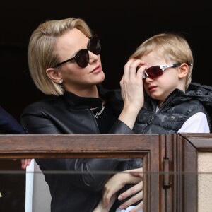 La princesse Charlène de Monaco et son fils le prince Jacques de Monaco lors de la 9ème édition du Tournoi Sainte Dévote de Rugby au Stade Louis II à Monaco, le 11 mai 2019. © Jean-Charles Vinaj/Pool/Bestimage