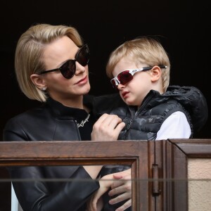 La princesse Charlène de Monaco et son fils le prince Jacques de Monaco lors de la 9ème édition du Tournoi Sainte Dévote de Rugby au Stade Louis II à Monaco, le 11 mai 2019.  © Jean-Charles Vinaj/Pool/Bestimage