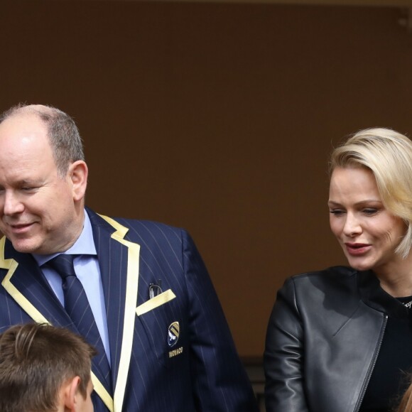 Le prince Albert II et la princesse Charlène de Monaco lors de la 9ème édition du Tournoi Sainte Dévote de Rugby au Stade Louis II à Monaco, le 11 mai 2019. © Jean-Charles Vinaj/Pool/Bestimage