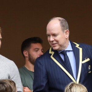 Le prince Albert II et la princesse Charlène de Monaco avec leurs enfants le prince Jacques de Monaco, la princesse Gabriella de Monaco et Gareth Wittstock, (frère de la princesse Charlene) lors de la 9ème édition du Tournoi Sainte Dévote de Rugby au Stade Louis II à Monaco, le 11 mai 2019. © Jean-Charles Vinaj/Pool/Bestimage