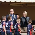 Le prince Albert II et la princesse Charlène de Monaco avec leurs enfants le prince Jacques de Monaco, la princesse Gabriella de Monaco et Gareth Wittstock, (frère de la princesse Charlene) lors de la 9ème édition du Tournoi Sainte Dévote de Rugby au Stade Louis II à Monaco, le 11 mai 2019. © Jean-Charles Vinaj/Pool/Bestimage