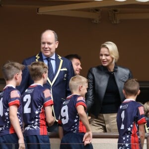 Le prince Albert II et la princesse Charlène de Monaco avec leurs enfants le prince Jacques de Monaco, la princesse Gabriella de Monaco et Gareth Wittstock, (frère de la princesse Charlene) lors de la 9ème édition du Tournoi Sainte Dévote de Rugby au Stade Louis II à Monaco, le 11 mai 2019. © Jean-Charles Vinaj/Pool/Bestimage