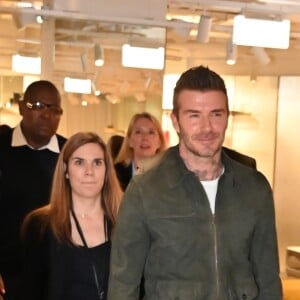 David Beckham fait la promotion de ses produits cosmétiques pour hommes House 99 (soins pour le visage, la barbe, le corps et les cheveux) dans la boutique éphémère le de House 99 aux Galeries Lafayette Champs-Élysées, à Paris, France, le 21 mai 2019.