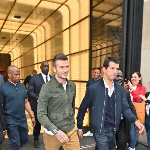 David Beckham fait la promotion de ses produits cosmétiques pour hommes House 99 (soins pour le visage, la barbe, le corps et les cheveux) dans la boutique éphémère le de House 99 aux Galeries Lafayette Champs-Élysées, à Paris, France, le 21 mai 2019.