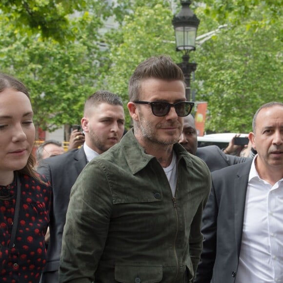 David Beckham fait la promotion de ses produits cosmétiques pour hommes House 99 (soins pour le visage, la barbe, le corps et les cheveux) dans la boutique éphémère le de House 99 aux Galeries Lafayette Champs-Élysées, à Paris, France, le 21 mai 2019.